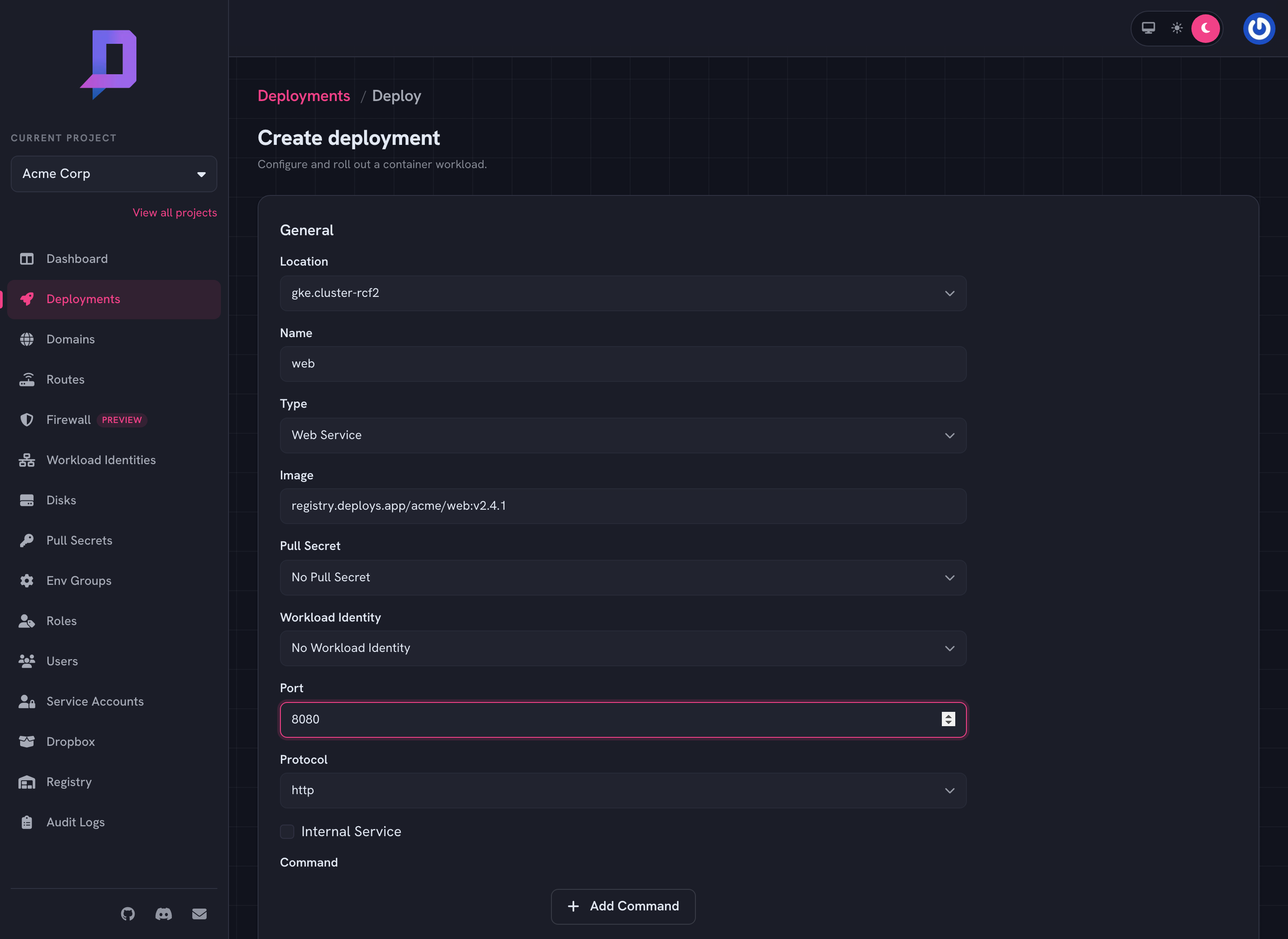 Deployment form in the console