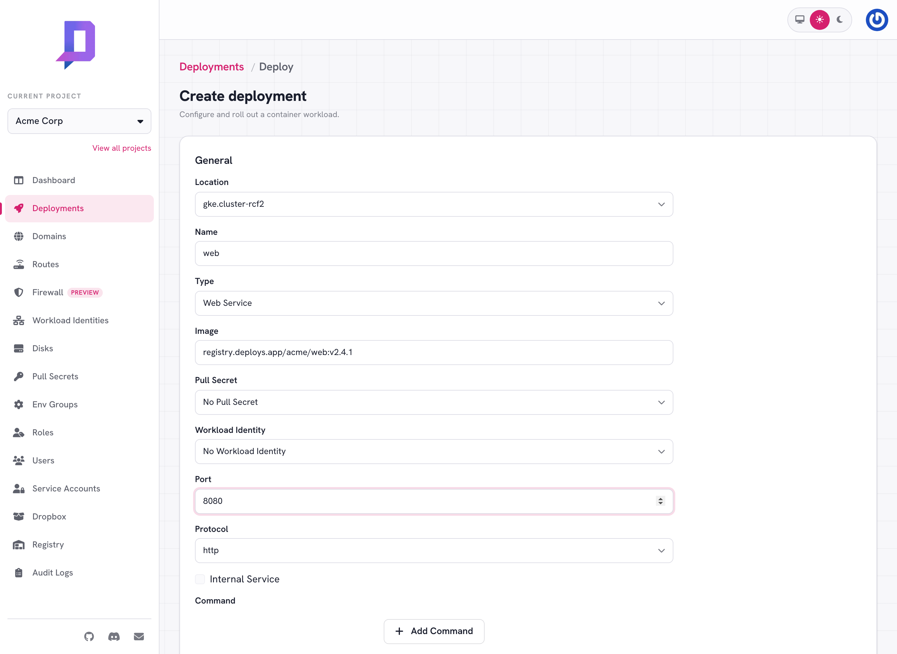 Deployment form in the console