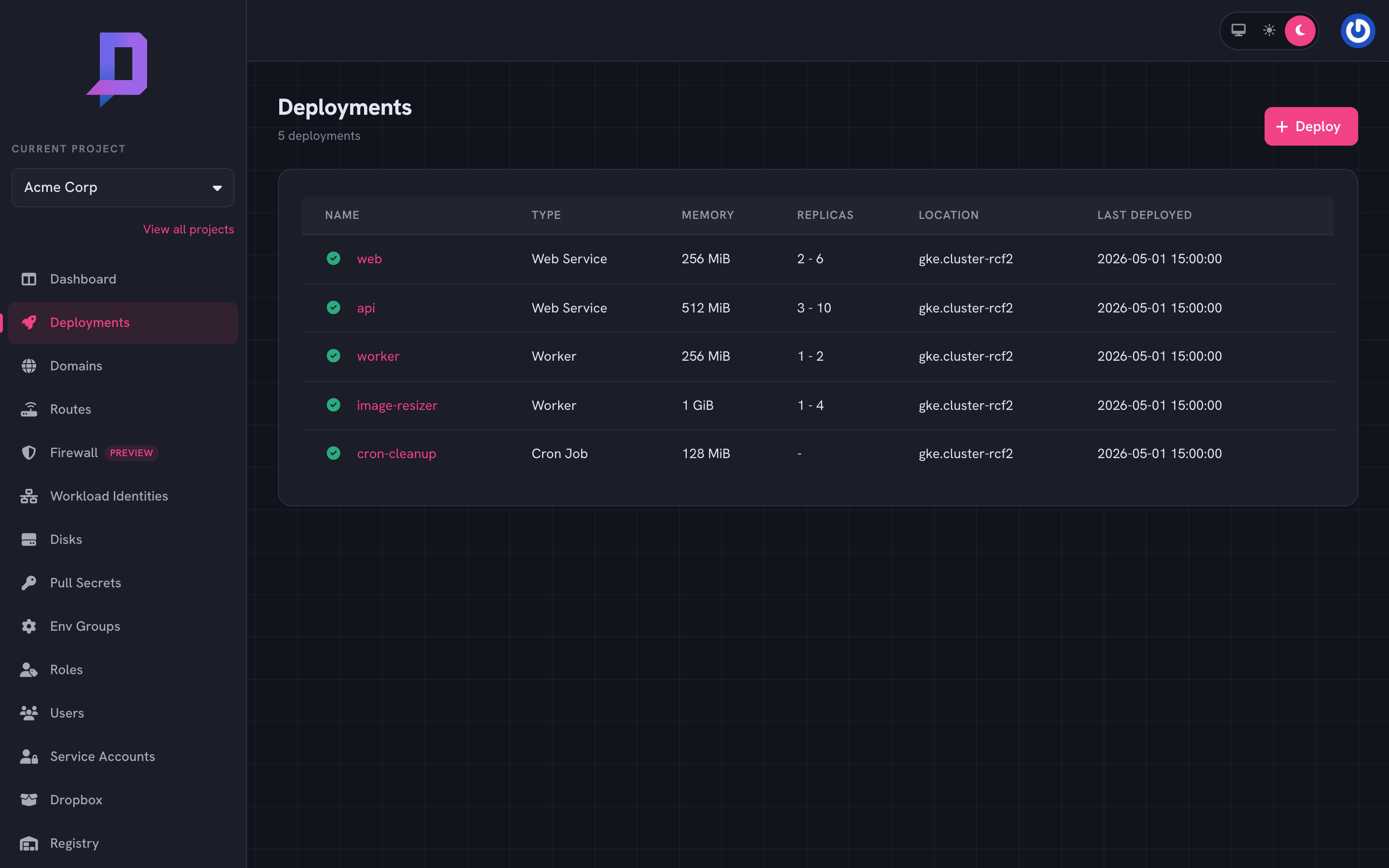 Deployment list showing a healthy web service