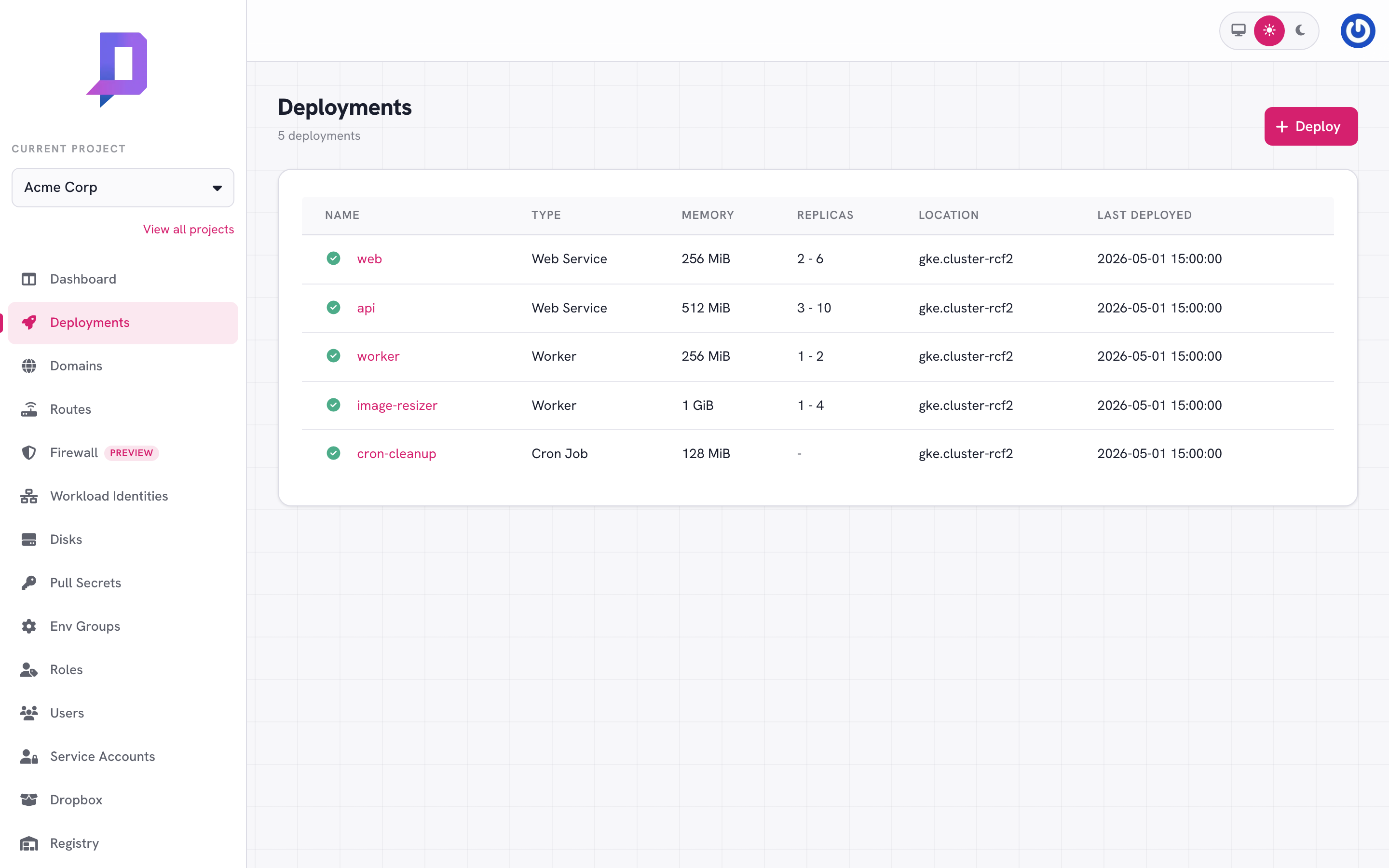 Deployment list showing a healthy web service