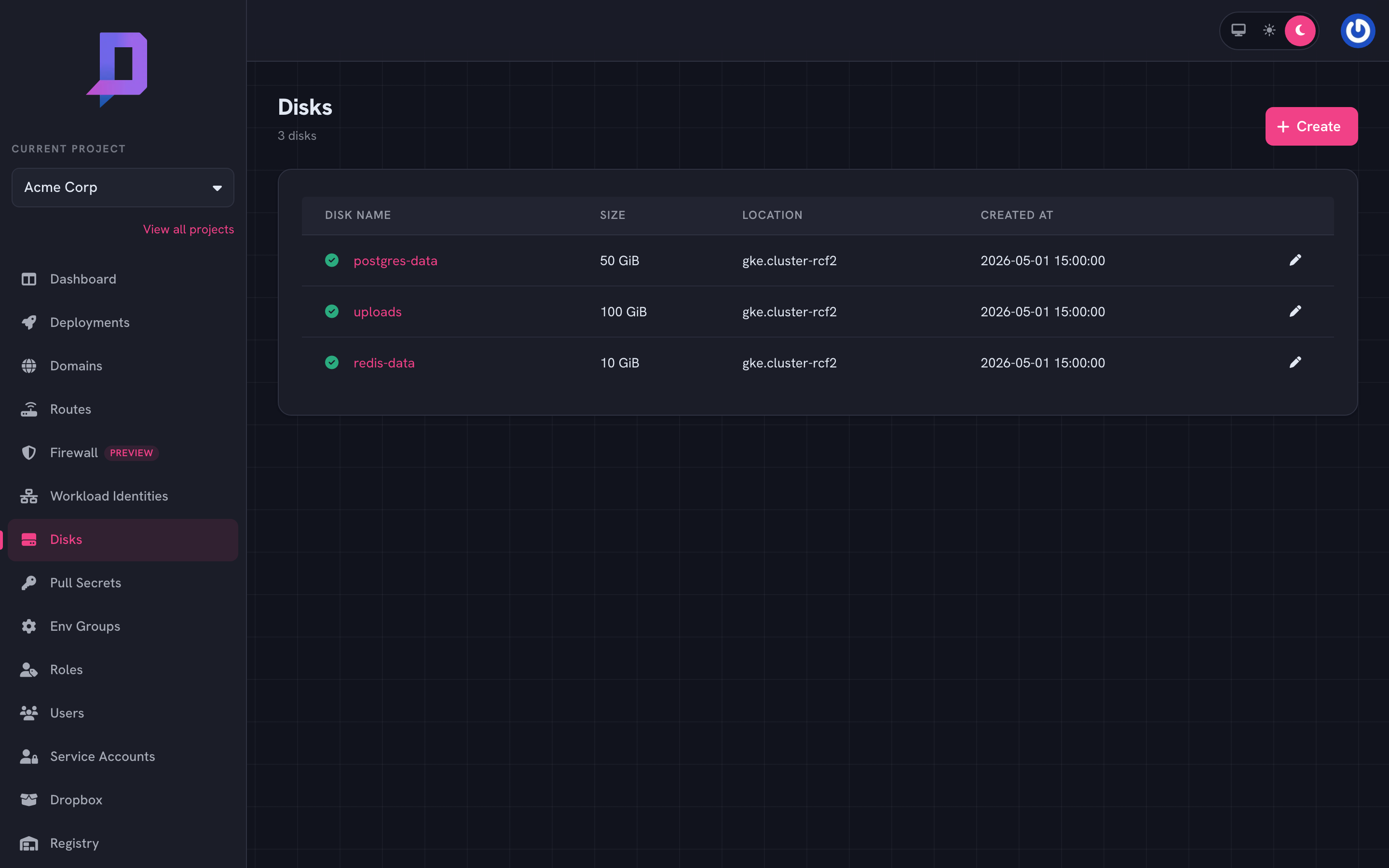 Disks: postgres-data 50 GiB, uploads 100 GiB, redis-data 10 GiB