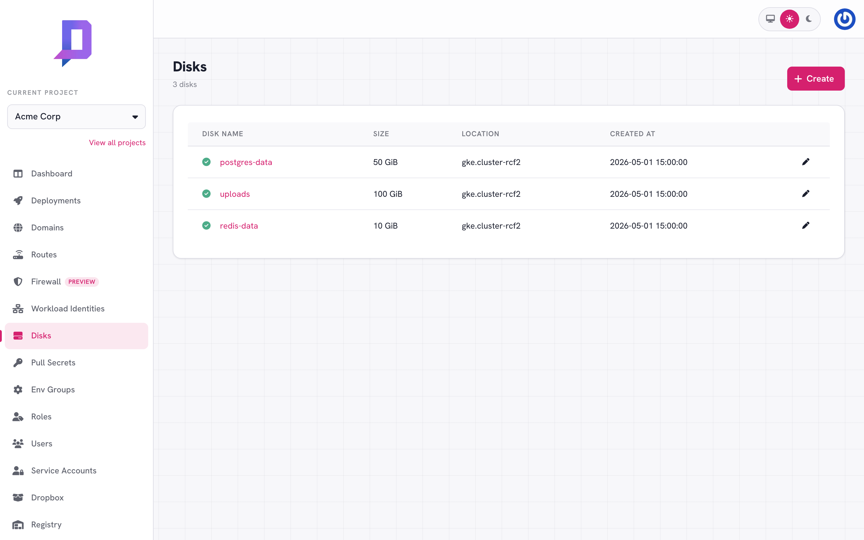 Disks: postgres-data 50 GiB, uploads 100 GiB, redis-data 10 GiB