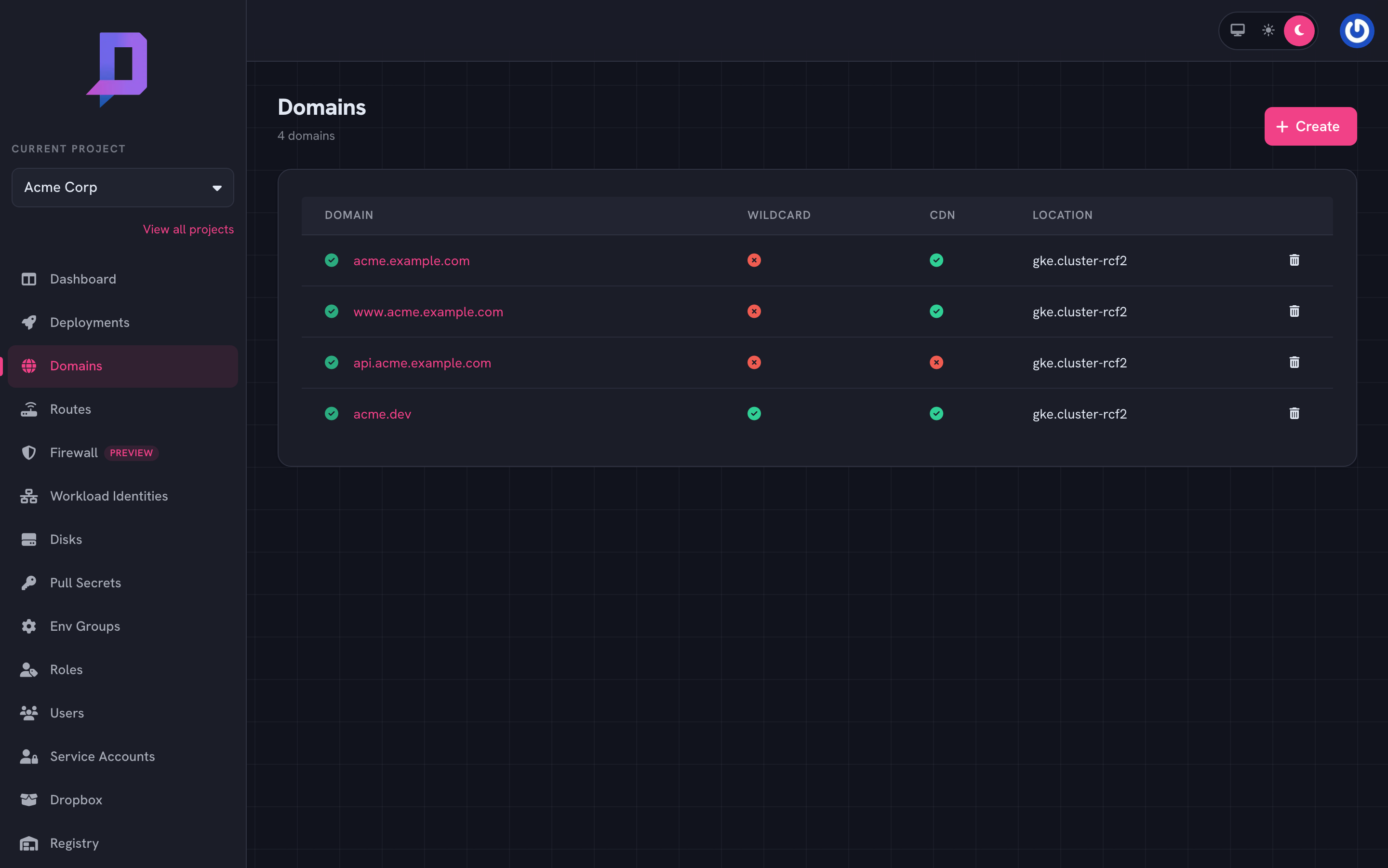 Domain list: apex, www, api, and a wildcard