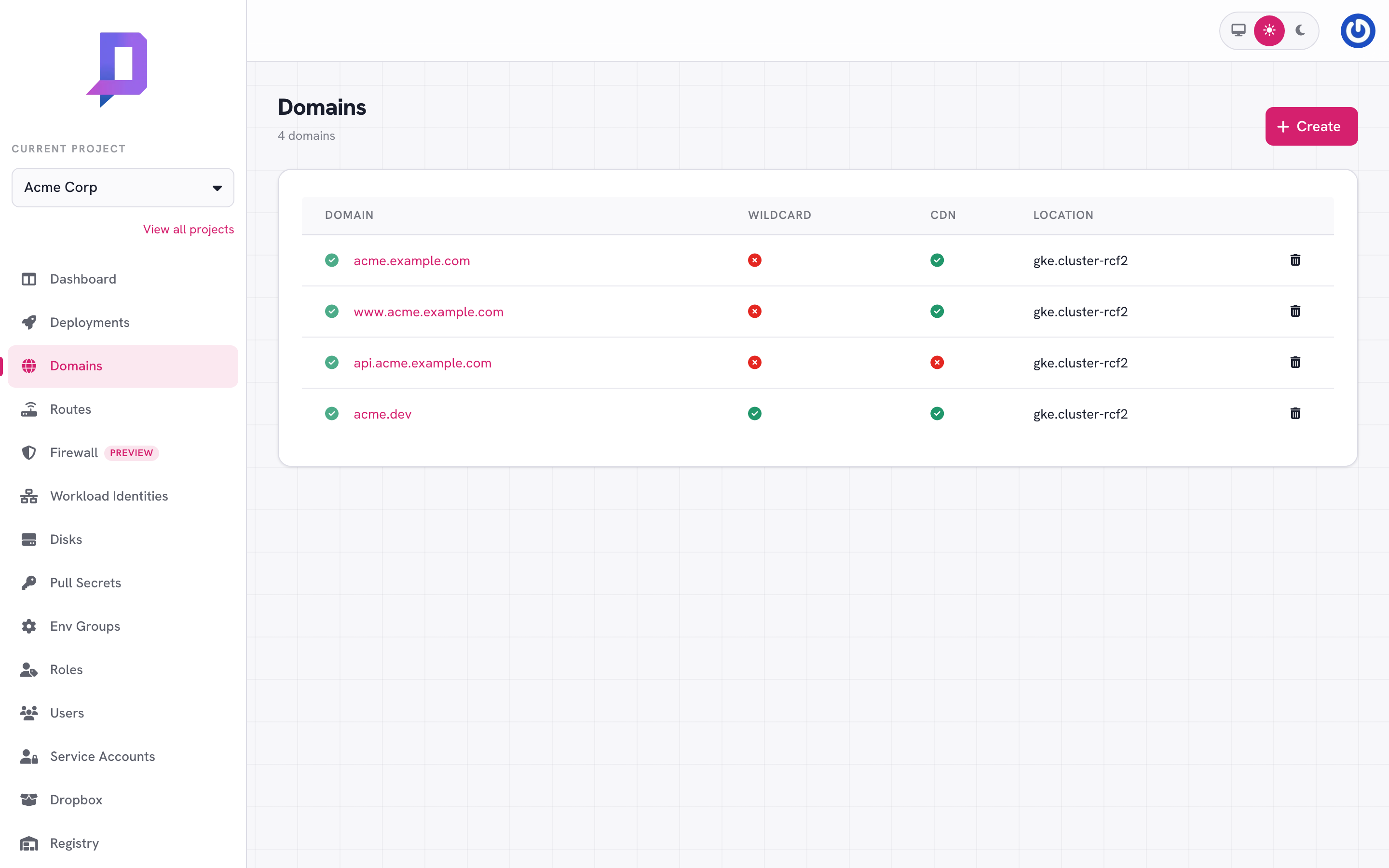 Domain list: apex, www, api, and a wildcard