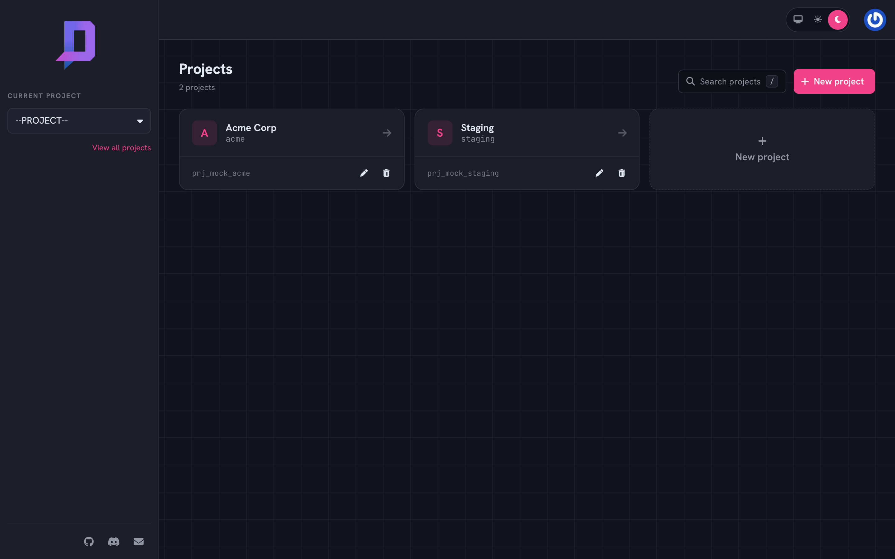 Project list in the console