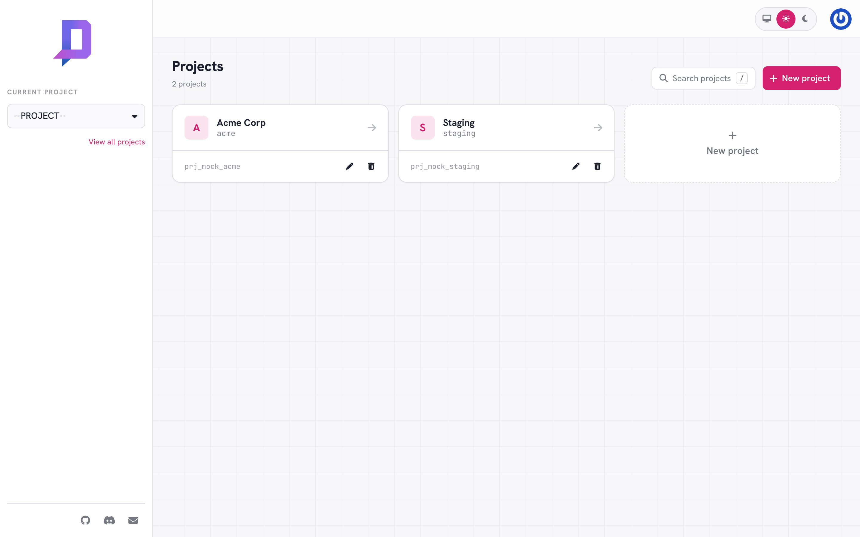 Project list in the console