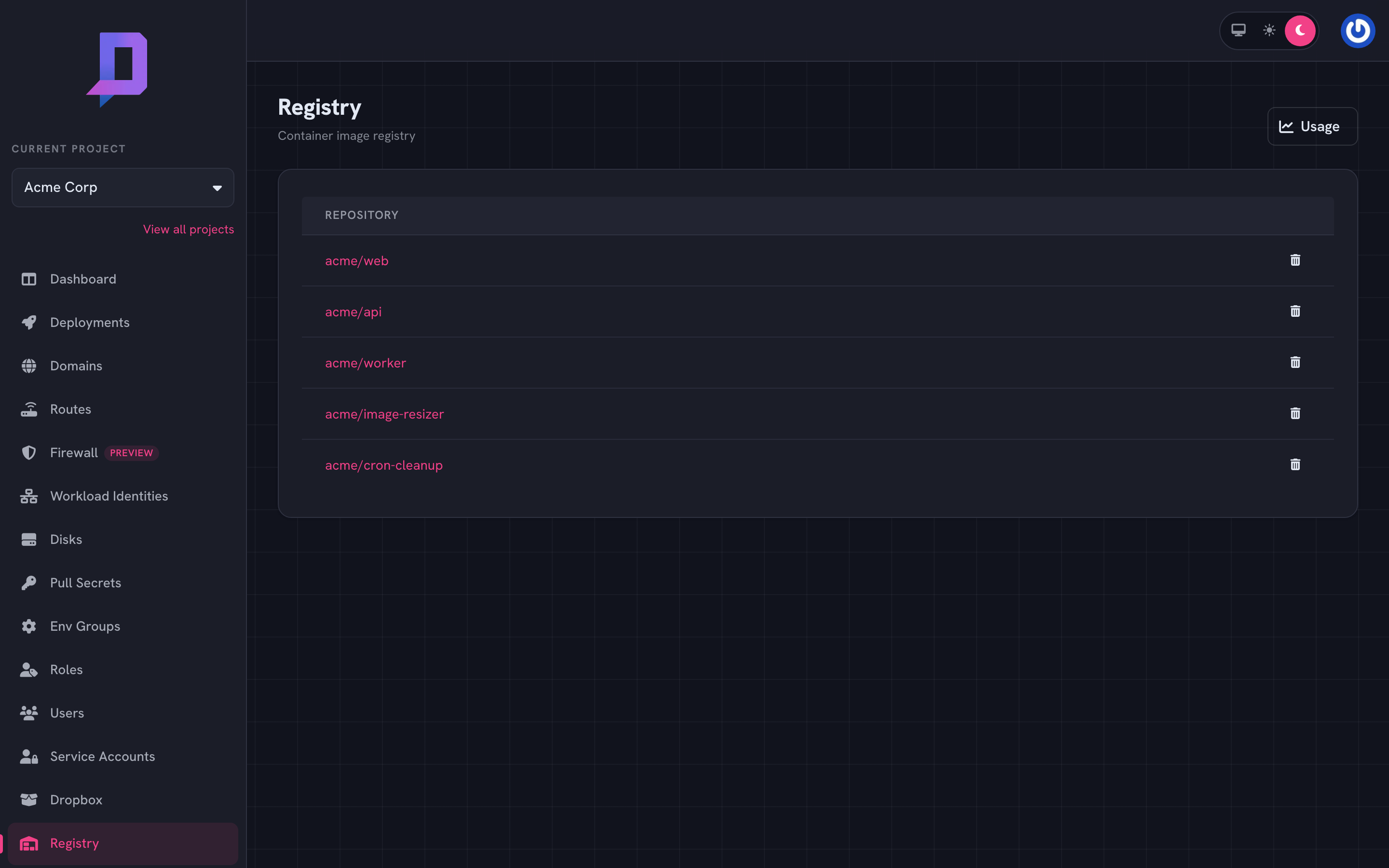 Registry list with five repositories in the acme project