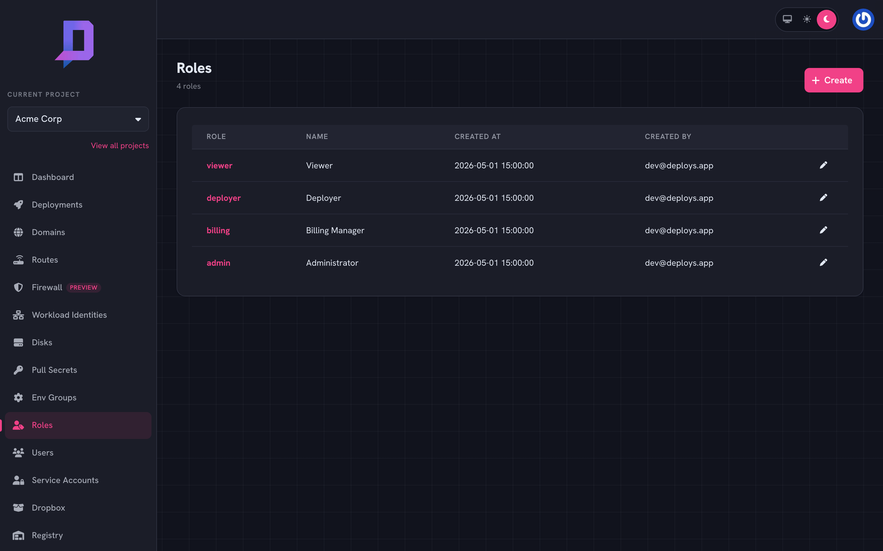 Role list with Viewer, Deployer, Billing Manager, and Administrator