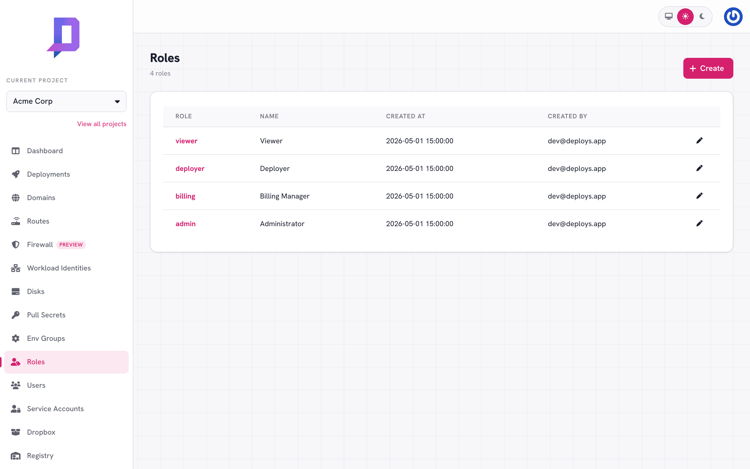 Role list with Viewer, Deployer, Billing Manager, and Administrator