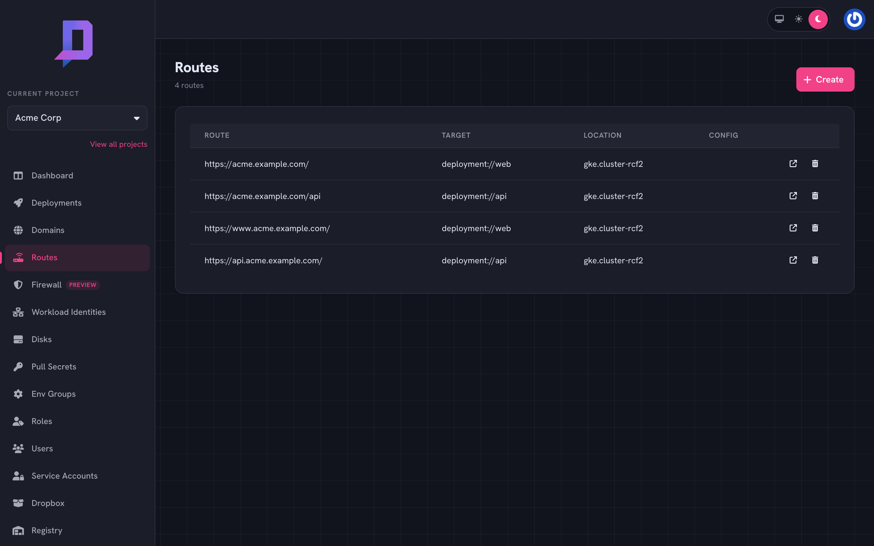 Four routes mapping acme.example.com and subdomains to web and api deployments