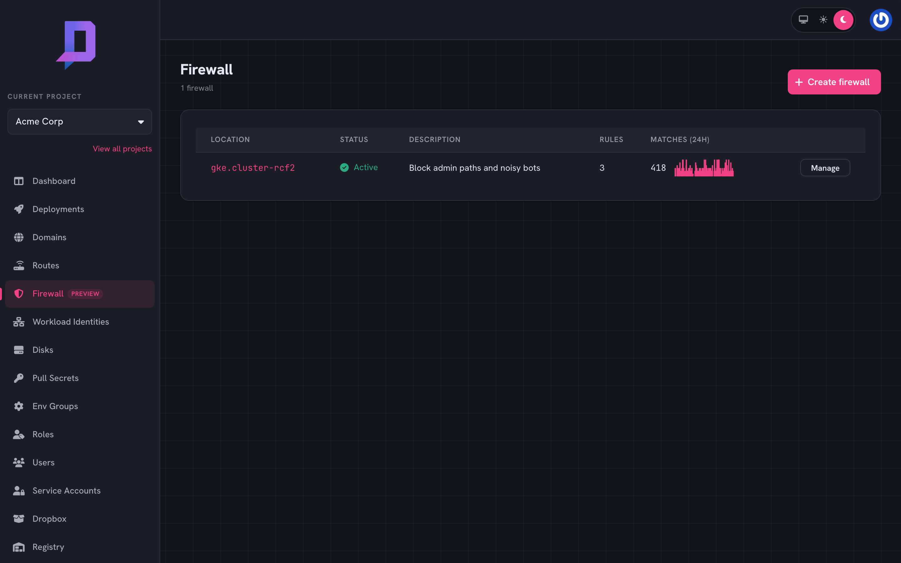 Firewall list showing a single active zone with 3 rules and 431 matches in 24h